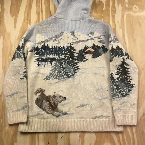 Vintage 90's Lauren Ralph Lauren Dog Sled Mural Hooded Sweater Jacket –Women’s L - Picture 2 of 8